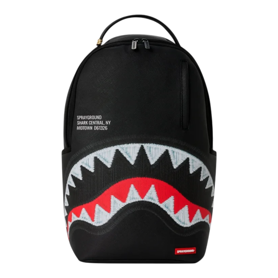HypeSelection Sprayground Shark Central black backpack with embroidered shark mouth graphic and white text detail