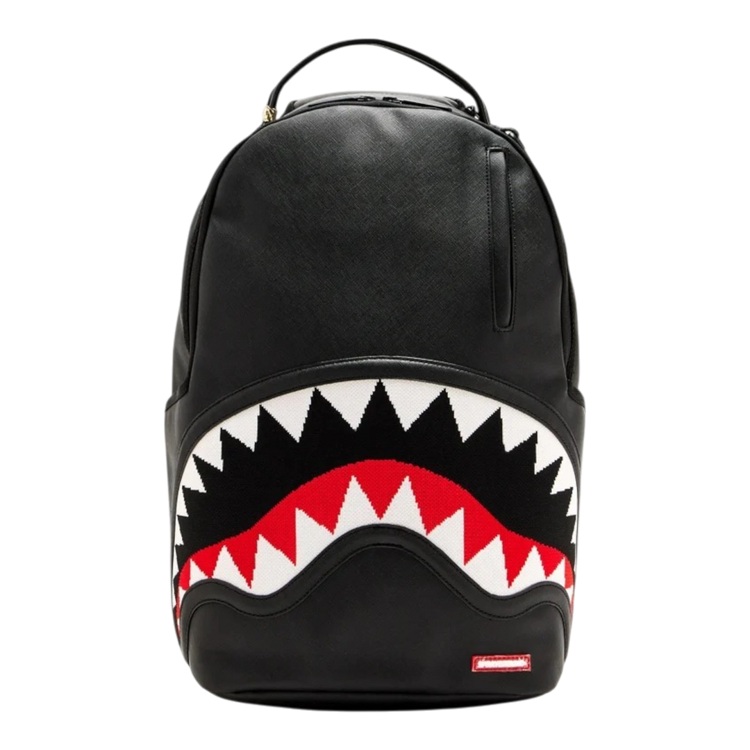 HypeSelection Sprayground Fly Knit Mouth DLXSV backpack in black with iconic red and white shark teeth graphic