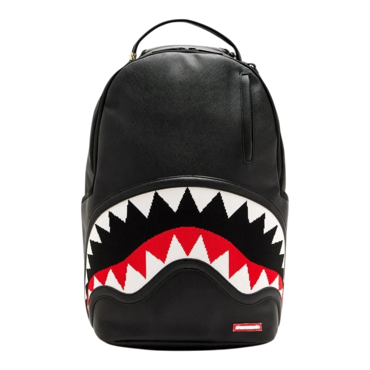 HypeSelection Sprayground Fly Knit Mouth DLXSV backpack in black with iconic red and white shark teeth graphic