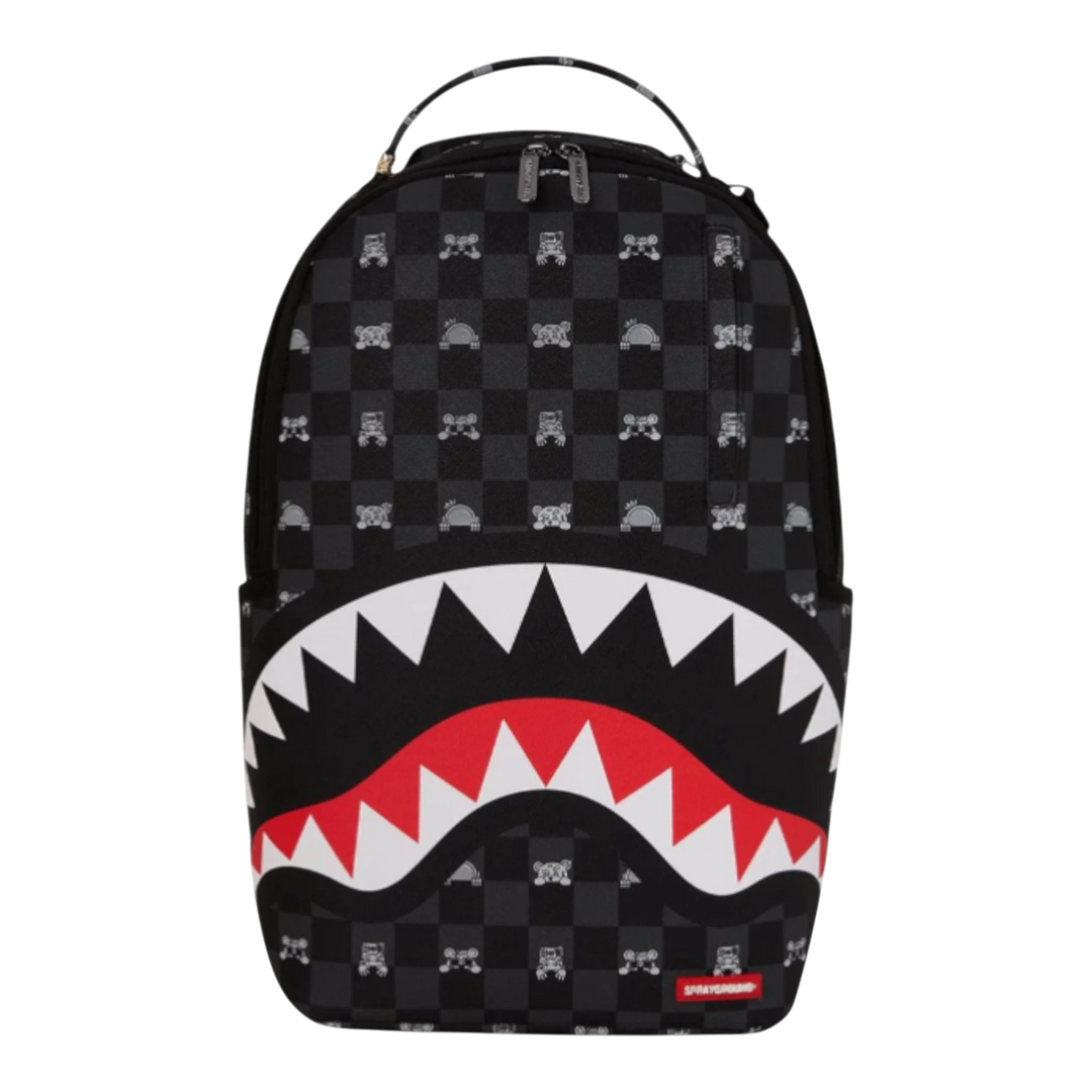 HypeSelection Sprayground black and grey checkered backpack with a shark mouth graphic and peeking character details. Faux leather.