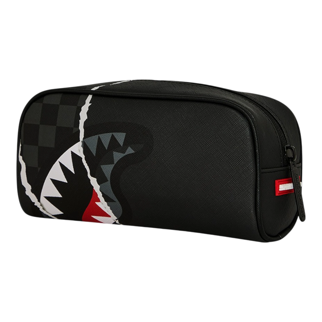 HypeSelection Sprayground black pencil pouch featuring a signature shark mouth graphic and rip reveal design