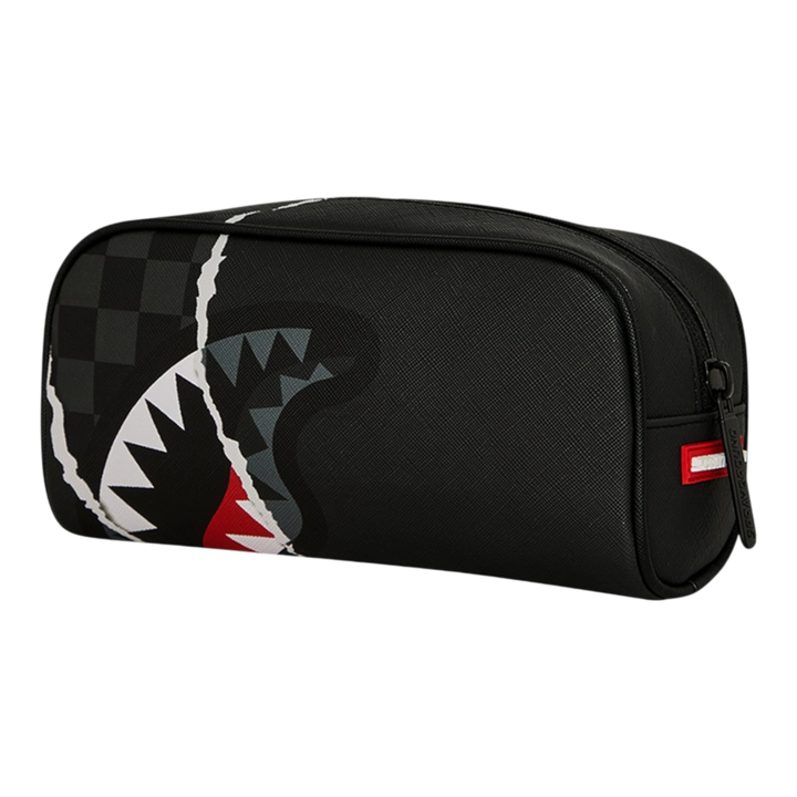 HypeSelection Sprayground black pencil pouch featuring a signature shark mouth graphic and rip reveal design