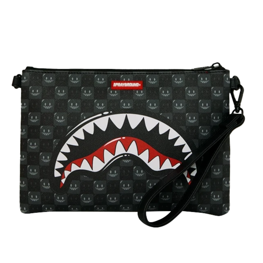 HypeSelection Sprayground Sharks In Paris black check pouchette with signature shark mouth graphic and wrist strap