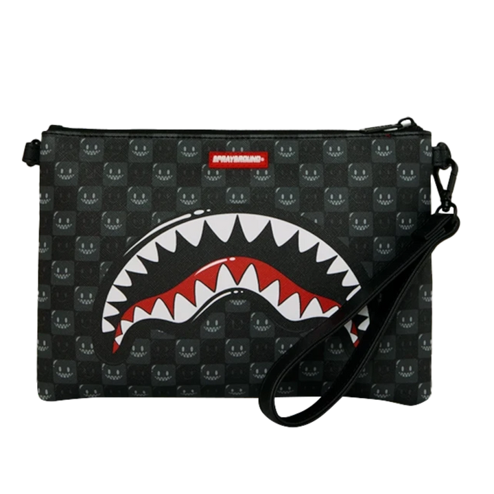 HypeSelection Sprayground Sharks In Paris black check pouchette with signature shark mouth graphic and wrist strap