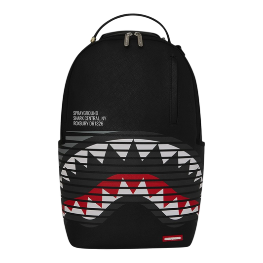 HypeSelection black Sprayground backpack with iconic shark mouth graphic and wave detailing. Features multiple compartments and adjustable straps.