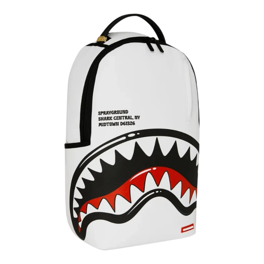 HypeSelection Sprayground Shark Central Bubbly white backpack with signature shark mouth graphic and black trim.