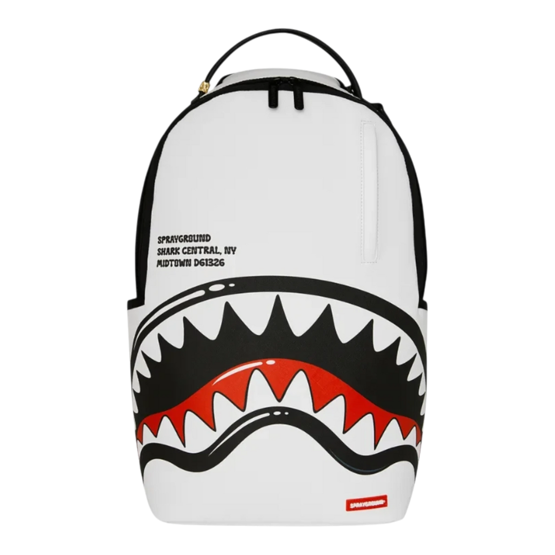 HypeSelection Sprayground Shark Central Bubbly white backpack featuring a bold graphic shark mouth design