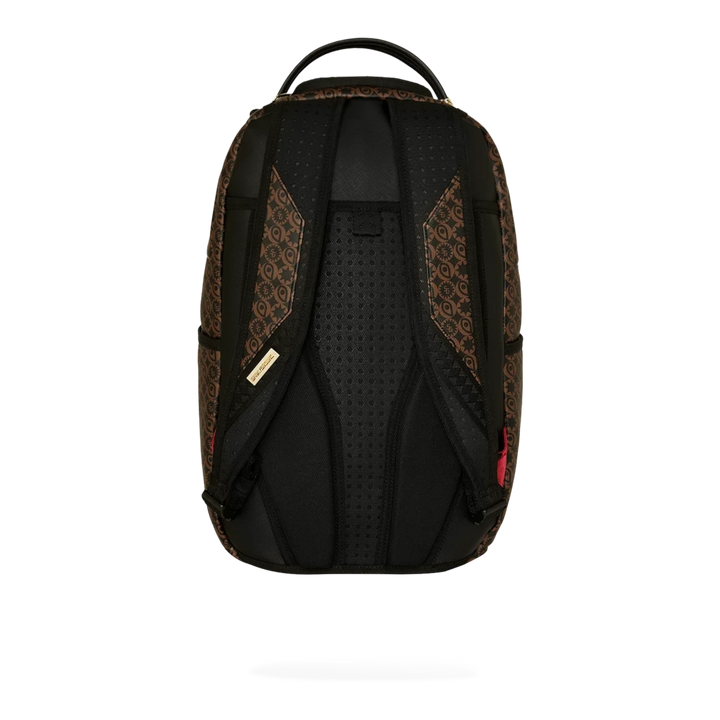 HypeSelection Sprayground Sharks South Of France backpack back view with padded straps and brown patterned PVC fabric