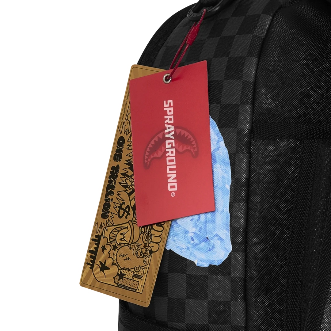 HypeSelection Sprayground Sharks On Iceberg backpack featuring a black checkered pattern and branded hang tags