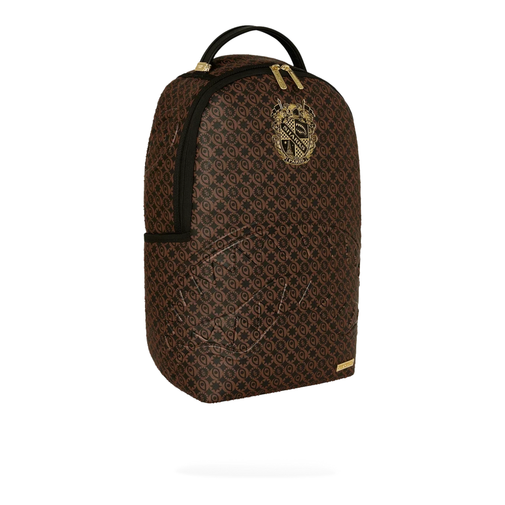 HypeSelection Sprayground Sharks South Of France brown PVC backpack with gold emblem and monogram pattern