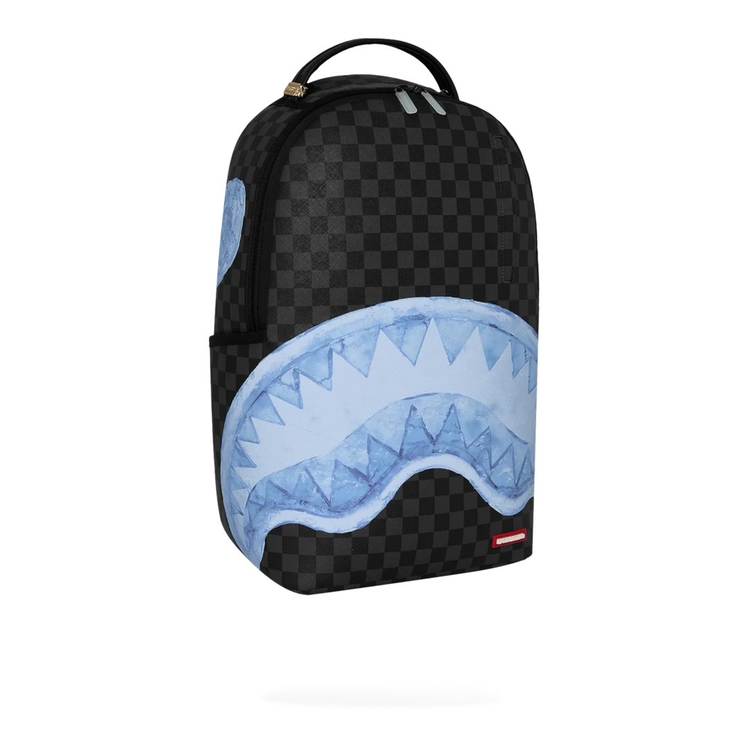 HypeSelection Sprayground Sharks On Iceberg DLXSV backpack featuring a black checkered pattern and blue shark mouth