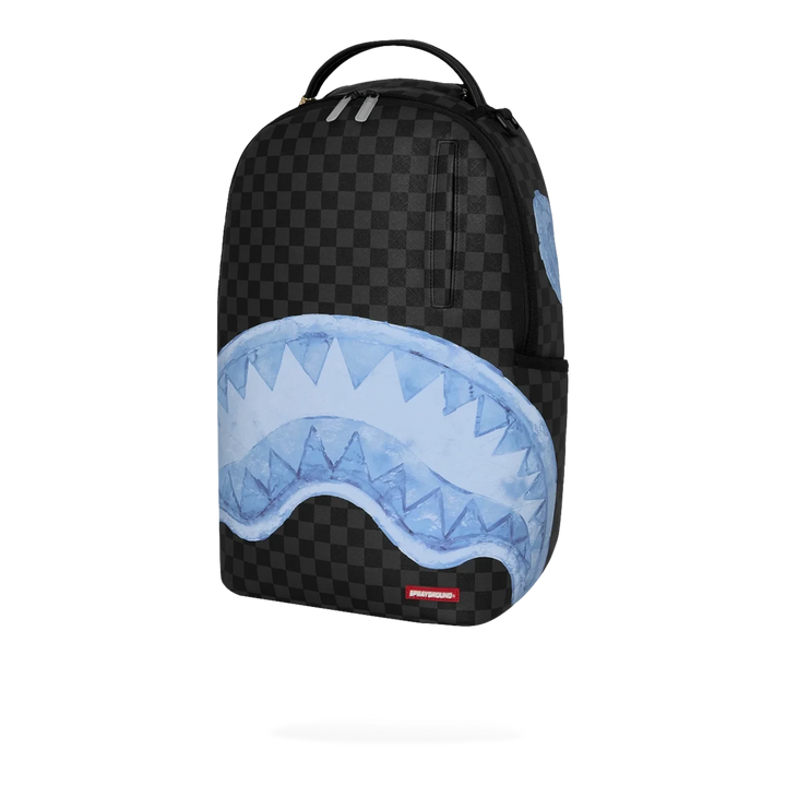HypeSelection Sprayground Sharks On Iceberg DLXSV backpack featuring a black checkerboard pattern and blue shark teeth