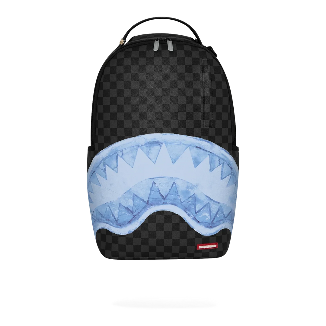 HypeSelection Sprayground Sharks On Iceberg DLXSV backpack featuring a black checkered pattern and icy shark mouth.