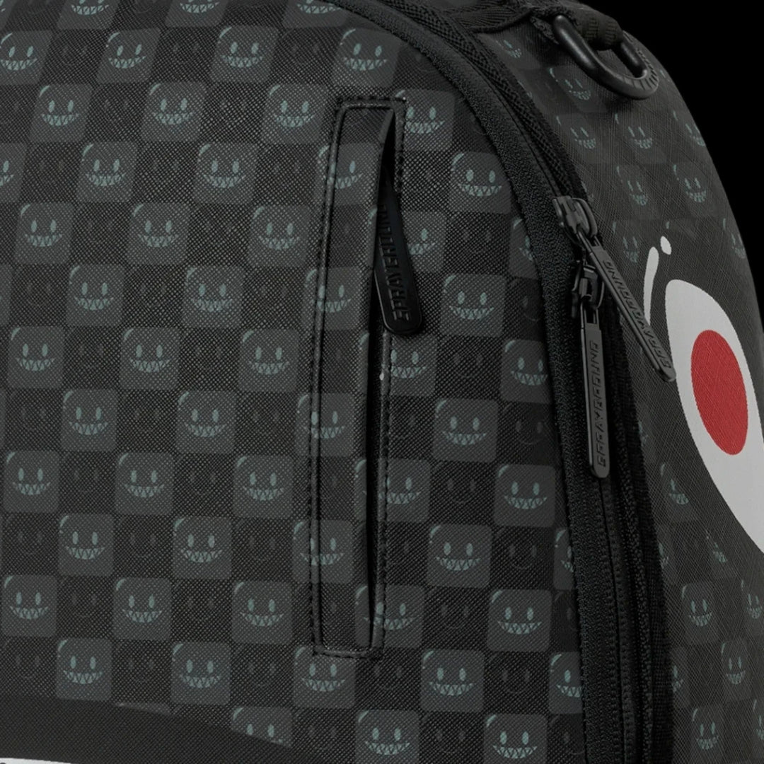 HypeSelection Sprayground Sharks In Paris backpack featuring a black checkered pattern with bubbly shark mouth icons.