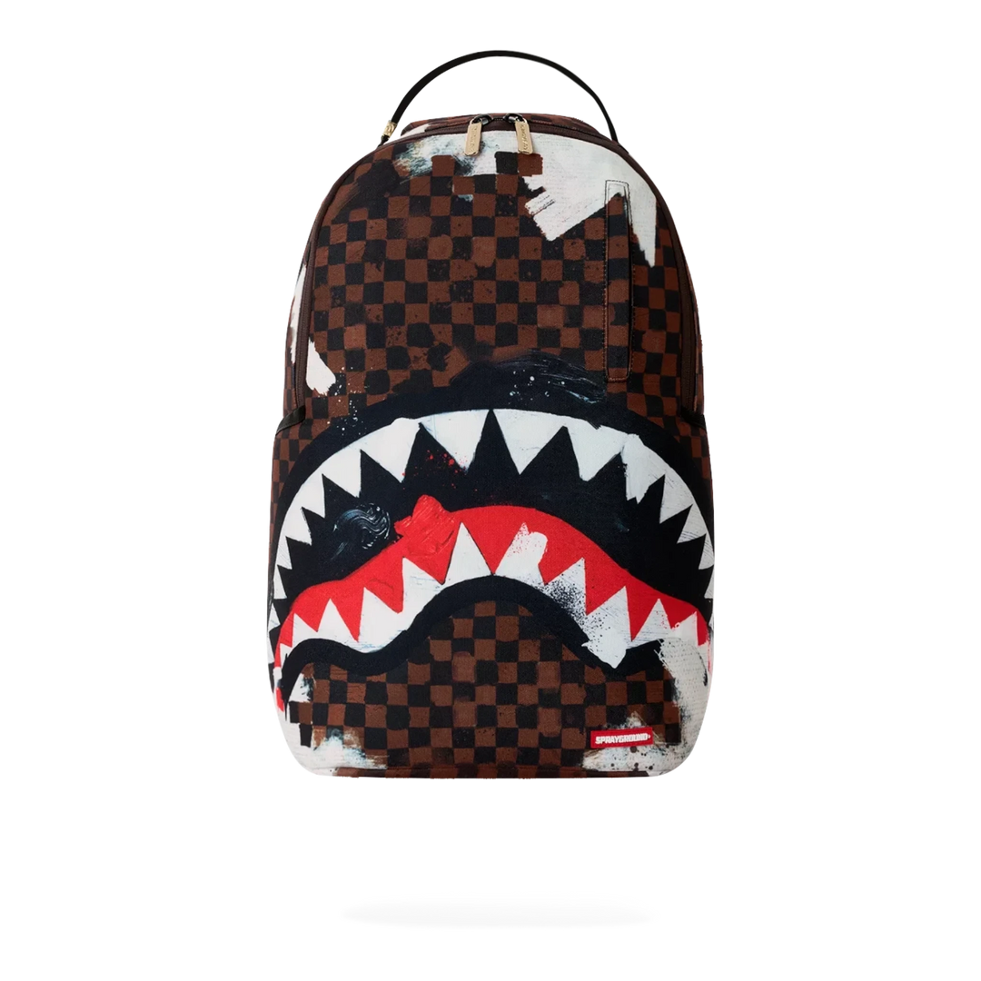 HypeSelection Sprayground Sharks In Paris cotton canvas backpack with brown checkerboard and painted shark mouth art