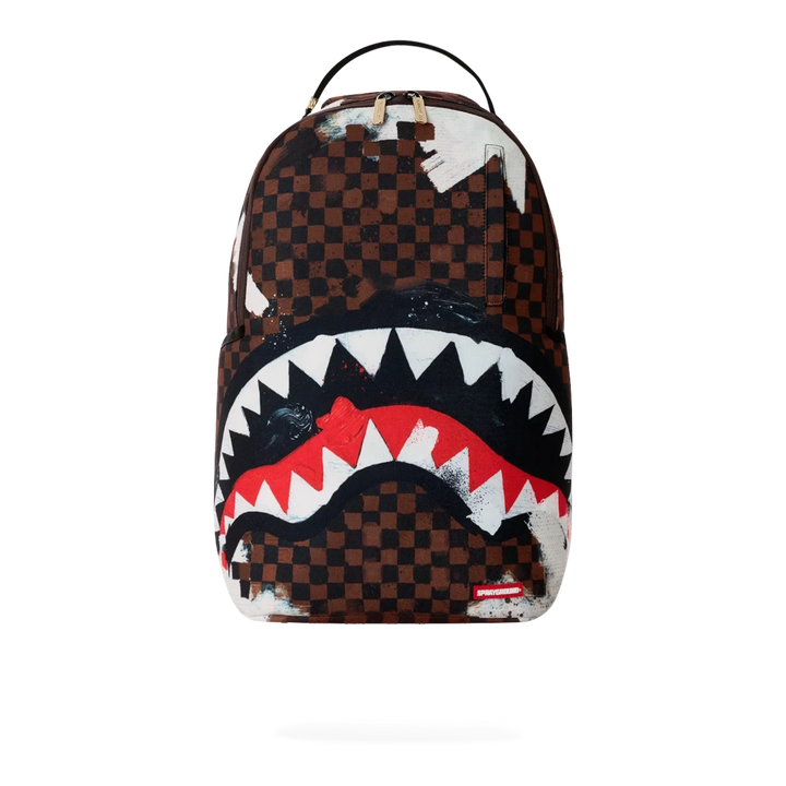 HypeSelection Sprayground Sharks In Paris cotton canvas backpack with brown checkerboard and painted shark mouth art