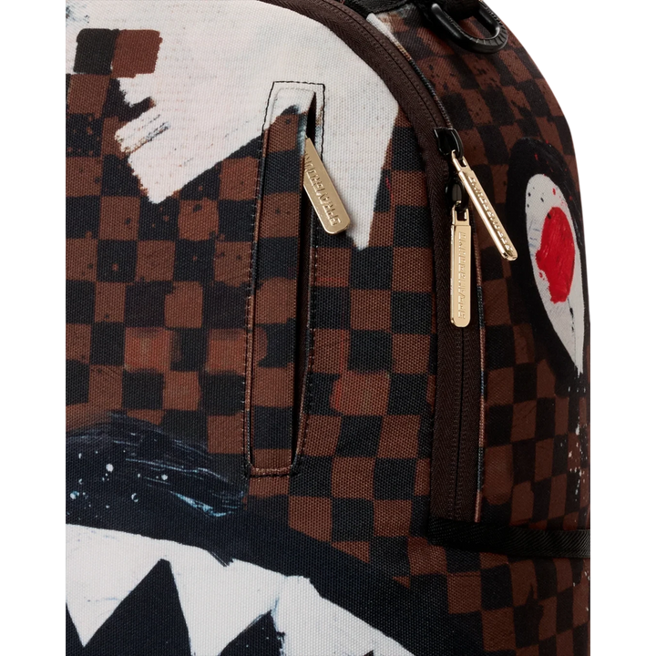 HypeSelection Sprayground Sharks In Paris cotton canvas backpack with brown checkerboard print and shark mouth detail