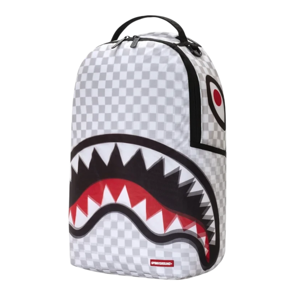 HypeSelection Sprayground 3D Sharks in Paris backpack featuring a grey and white checkered pattern with shark mouth art