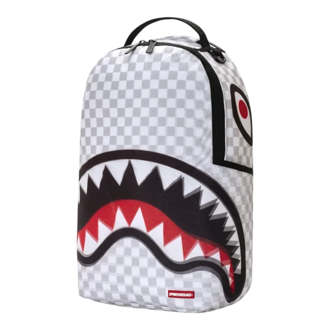 HypeSelection Sprayground 3D Sharks in Paris backpack featuring a grey and white checkered pattern with shark mouth art