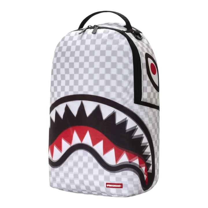 HypeSelection Sprayground 3D Sharks in Paris backpack featuring a grey and white checkered pattern with shark mouth art