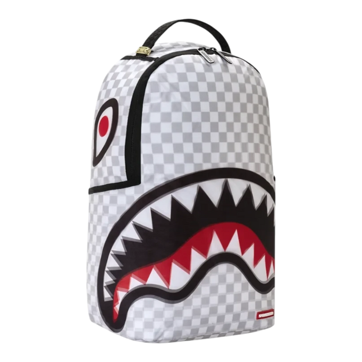 HypeSelection Sprayground 3D Sharks in Paris backpack featuring a grey checkerboard pattern and iconic shark mouth
