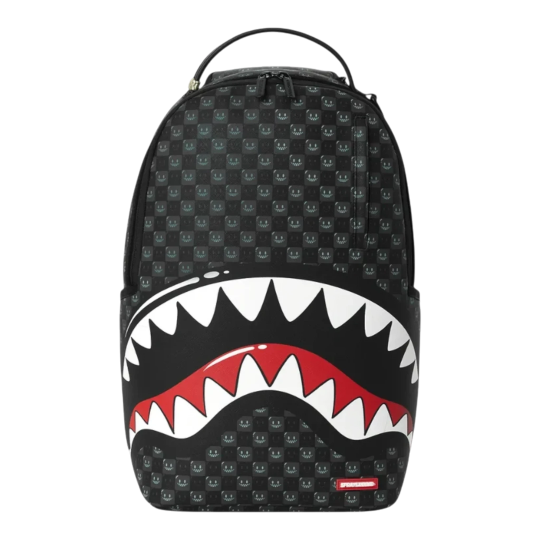 HypeSelection Sprayground Sharks In Paris black check backpack with iconic shark mouth graphic and bubbly pattern