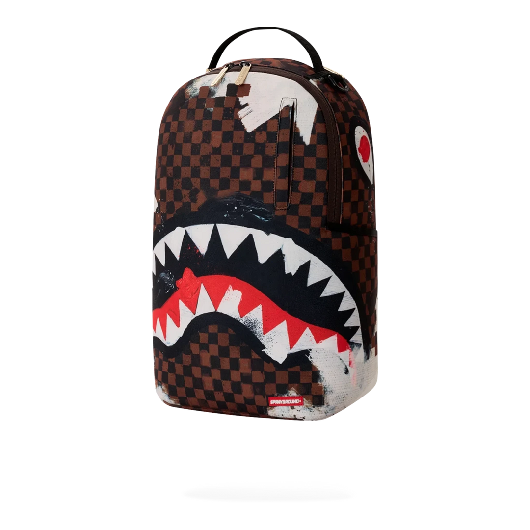 HypeSelection Sprayground Sharks In Paris cotton canvas backpack with signature brown checkerboard and shark mouth art