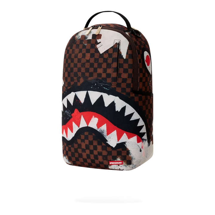 HypeSelection Sprayground Sharks In Paris cotton canvas backpack with signature brown checkerboard and shark mouth art