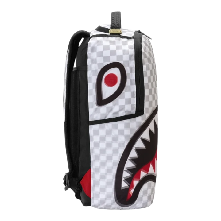 HypeSelection Sprayground 3D Sharks in Paris backpack featuring a grey and white checkerboard shark mouth graphic