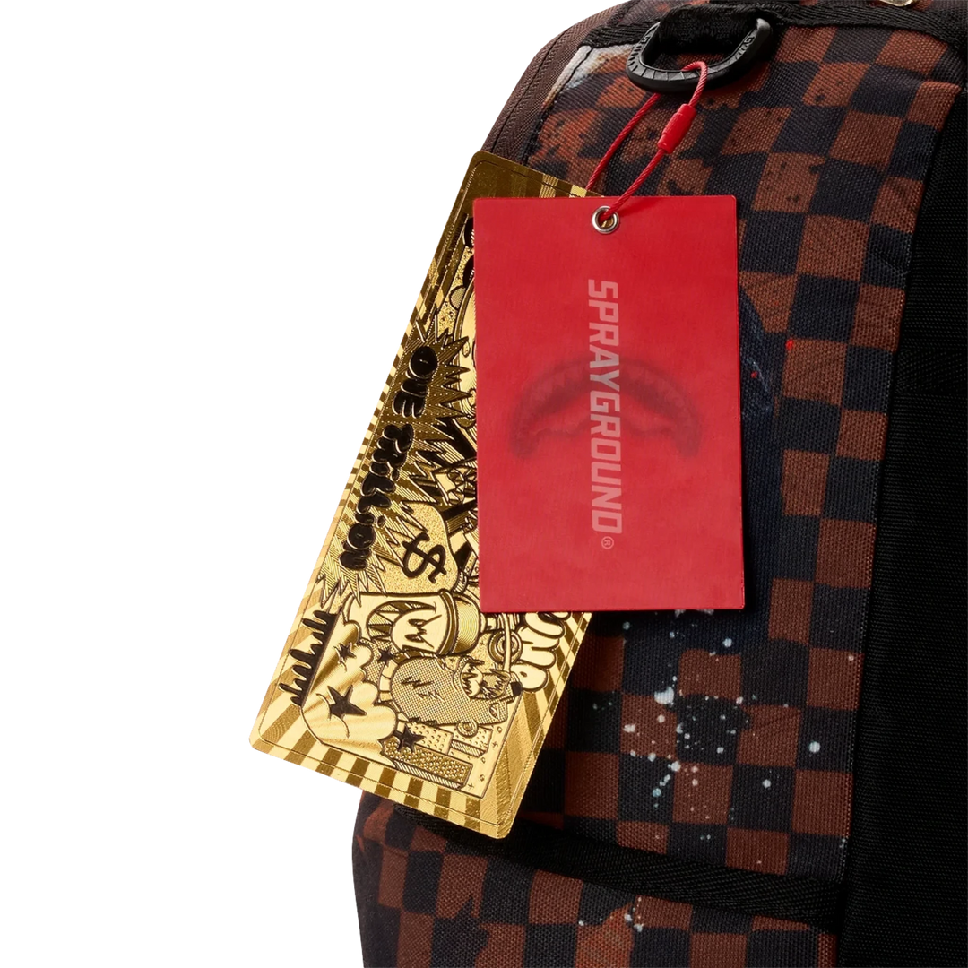 HypeSelection Sprayground Sharks In Paris backpack with brown checkered pattern, red brand tag, and gold money card