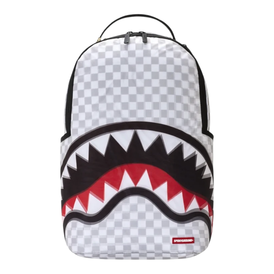 HypeSelection Sprayground 3D Sharks in Paris backpack featuring a grey checkerboard pattern and iconic shark mouth