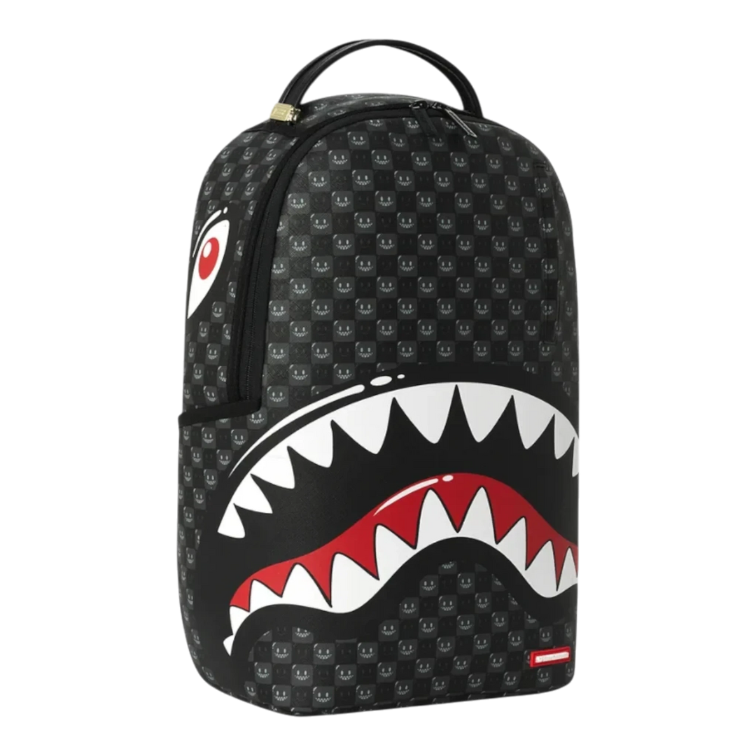 HypeSelection Sprayground Sharks In Paris black backpack with iconic shark mouth graphic and bubbly check pattern