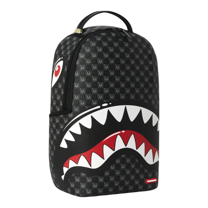 HypeSelection Sprayground Sharks In Paris black backpack with iconic shark mouth graphic and bubbly check pattern
