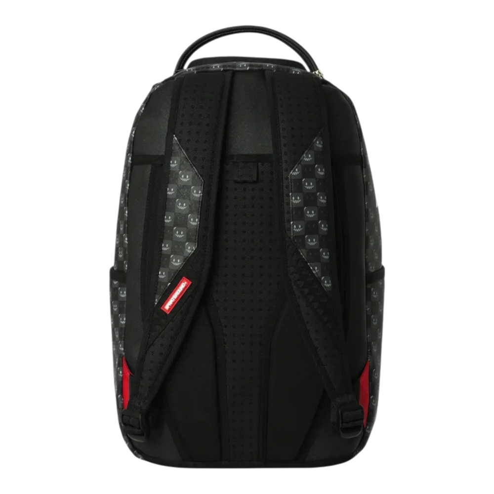 HypeSelection Sprayground Sharks In Paris black check backpack with padded shoulder straps and rear view
