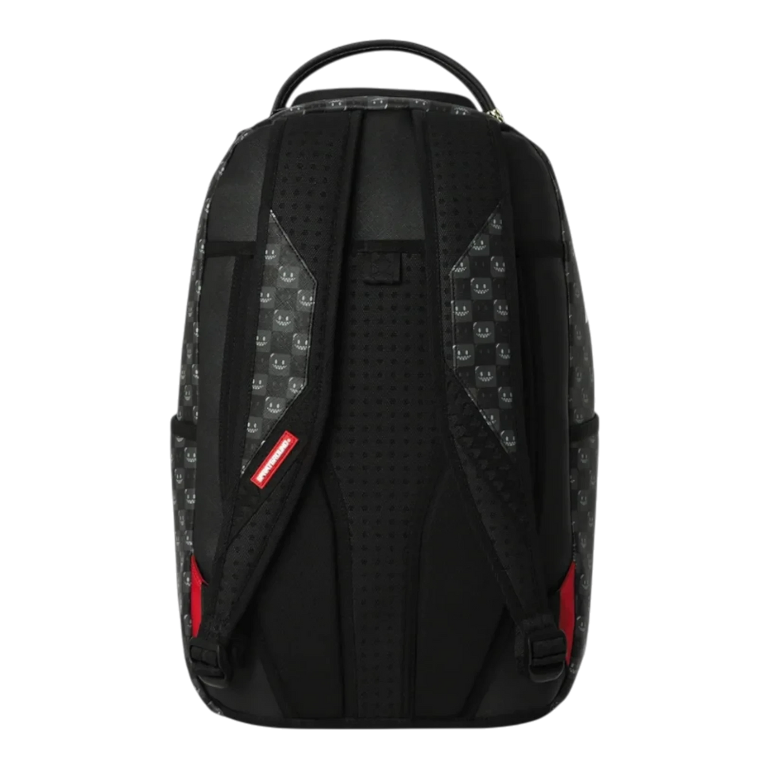 HypeSelection Sprayground Sharks In Paris black check backpack with padded shoulder straps and rear view