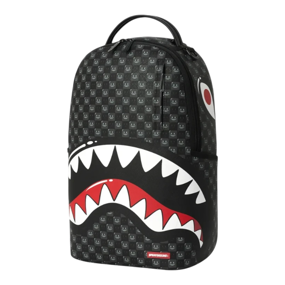 HypeSelection Sprayground Sharks In Paris black checkered backpack with iconic shark mouth graphic and red accents.