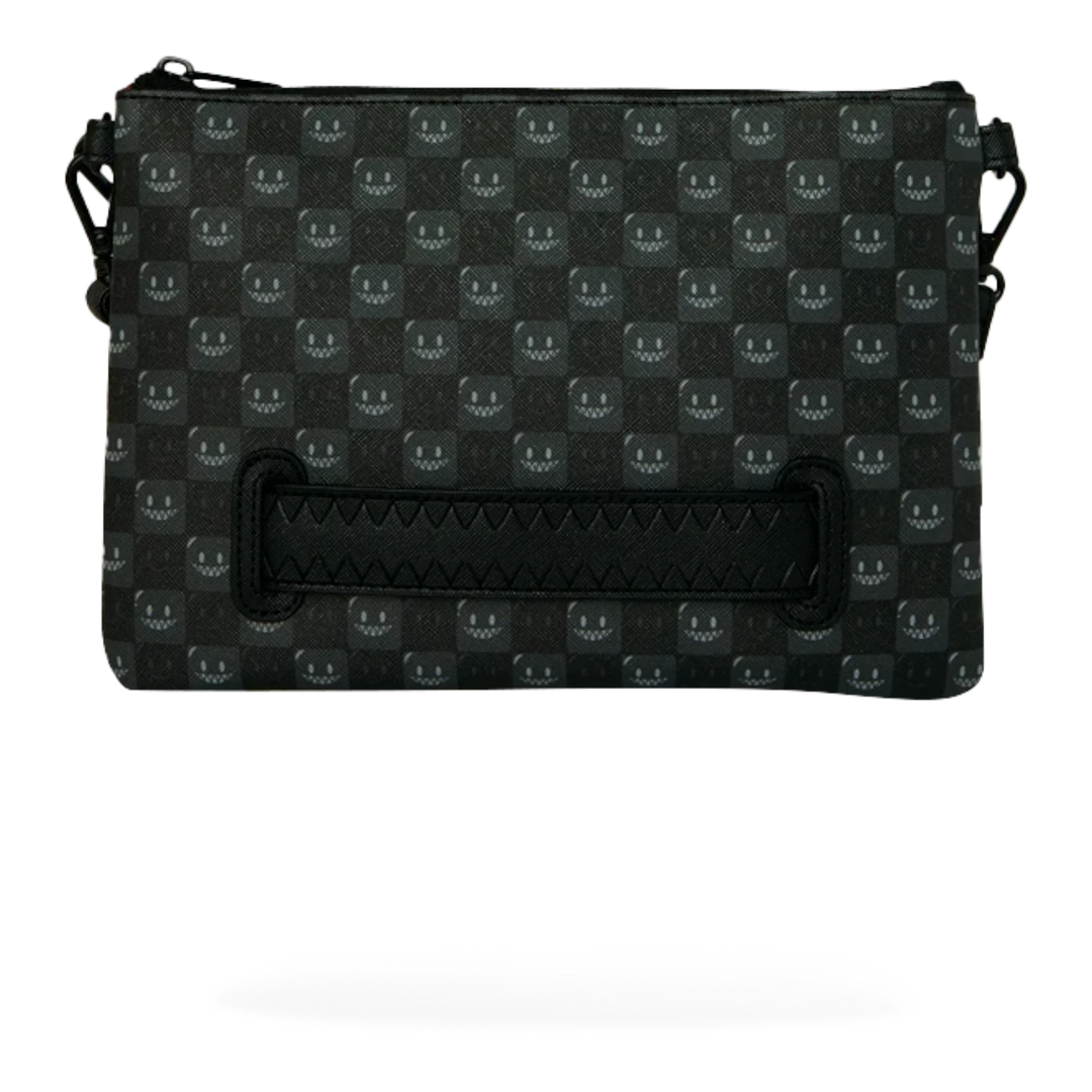 HypeSelection Sprayground Sharks In Paris black check pouchette with signature graphic shark mouth pattern