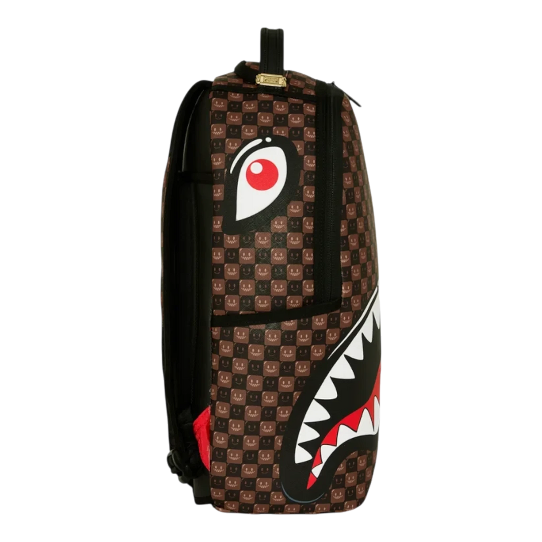 HypeSelection Sprayground Sharks In Paris brown check backpack with signature shark mouth graphic side view