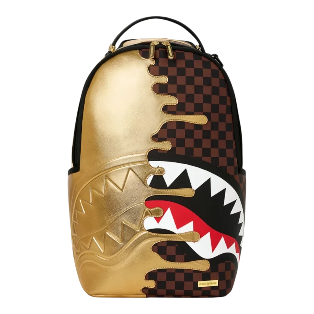 HypeSelection Sprayground Sharks In Paris backpack featuring a gold drip design and brown checkerboard shark mouth.