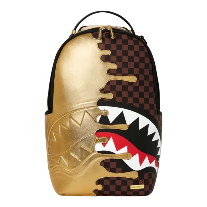 HypeSelection Sprayground Sharks In Paris backpack featuring a gold drip design and brown checkerboard shark mouth.