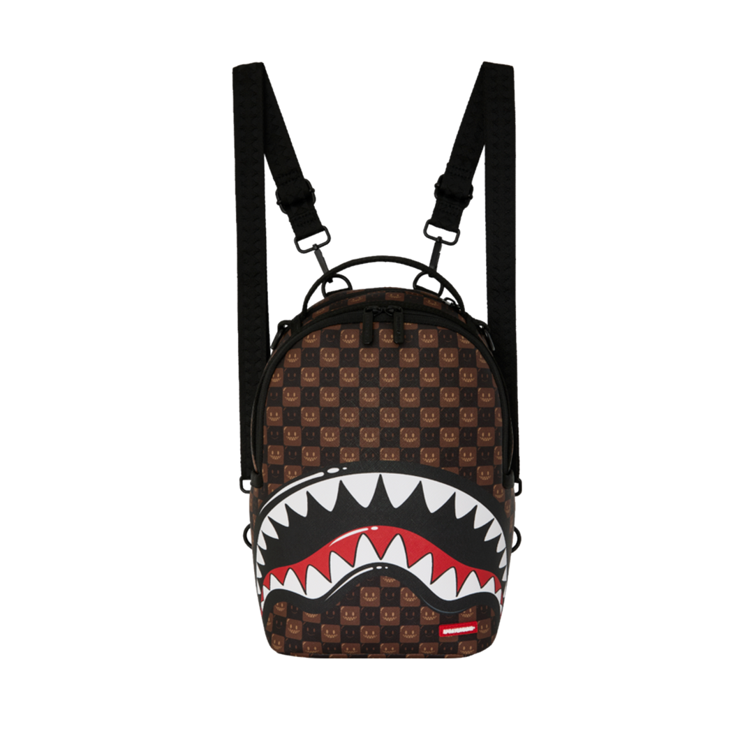 HypeSelection Sprayground Sharks In Paris mini backpack in brown checkered PVC with iconic shark mouth graphic