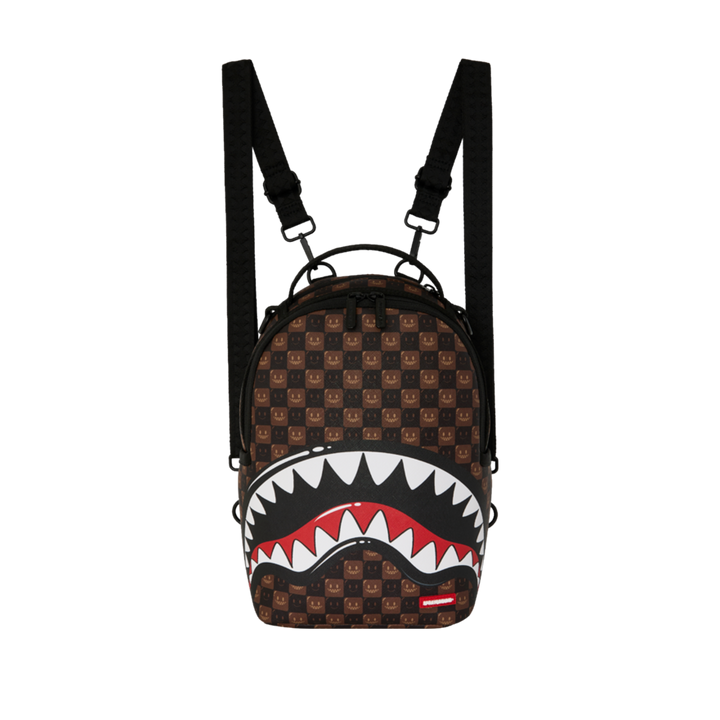 HypeSelection Sprayground Sharks In Paris mini backpack in brown checkered PVC with iconic shark mouth graphic