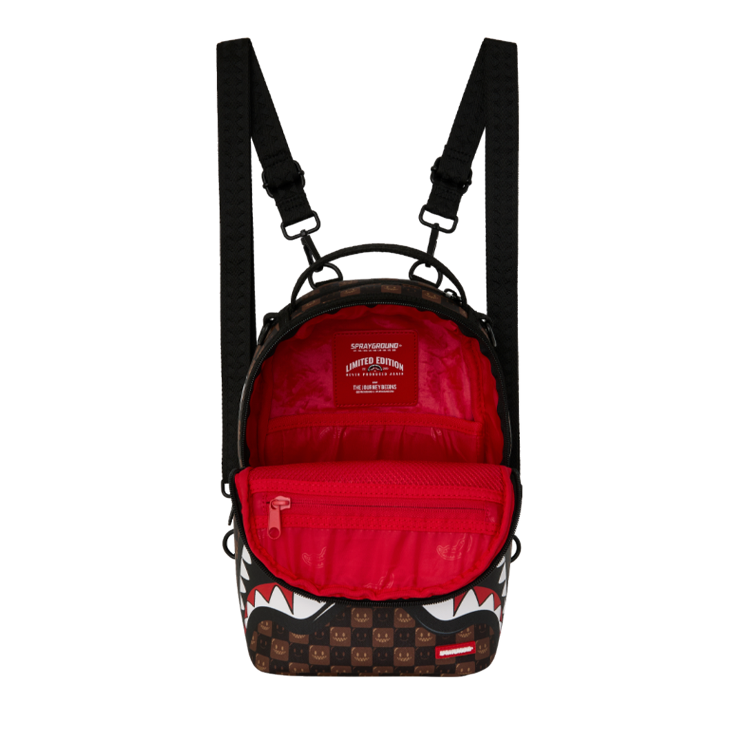 HypeSelection Sprayground Sharks In Paris mini backpack with brown checkerboard pattern, shark mouth, and red interior