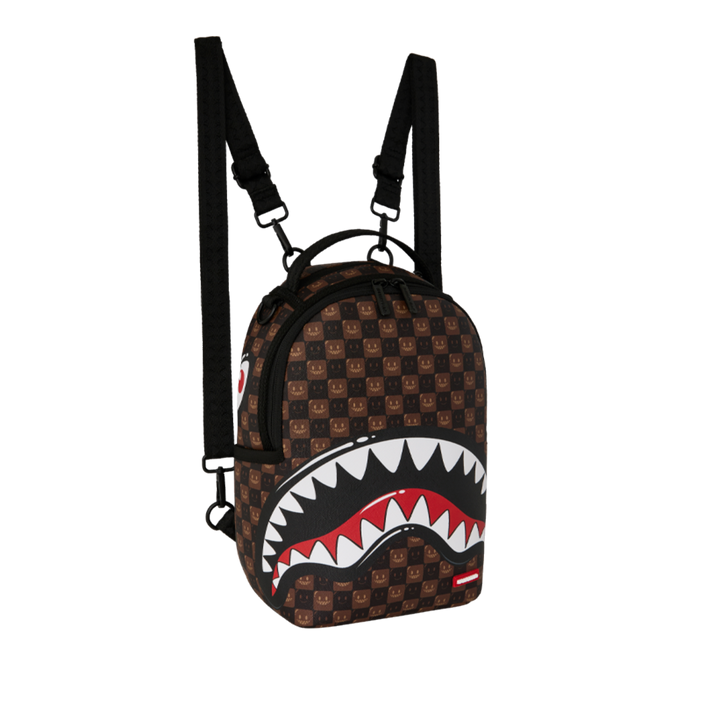HypeSelection Sprayground Sharks In Paris mini backpack in brown checkered PVC with iconic shark mouth graphic