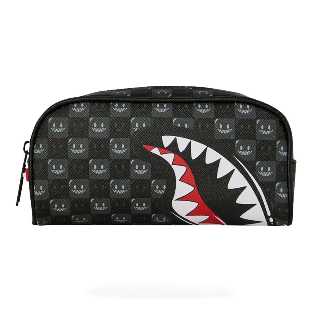 HypeSelection Sprayground Sharks In Paris pencil pouch featuring a black checkered pattern and iconic shark mouth graphic