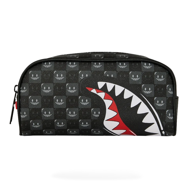 HypeSelection Sprayground Sharks In Paris pencil pouch featuring a black checkered pattern and iconic shark mouth graphic