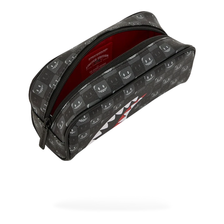 HypeSelection Sprayground Sharks In Paris black check pencil pouch with signature graphic shark mouth design