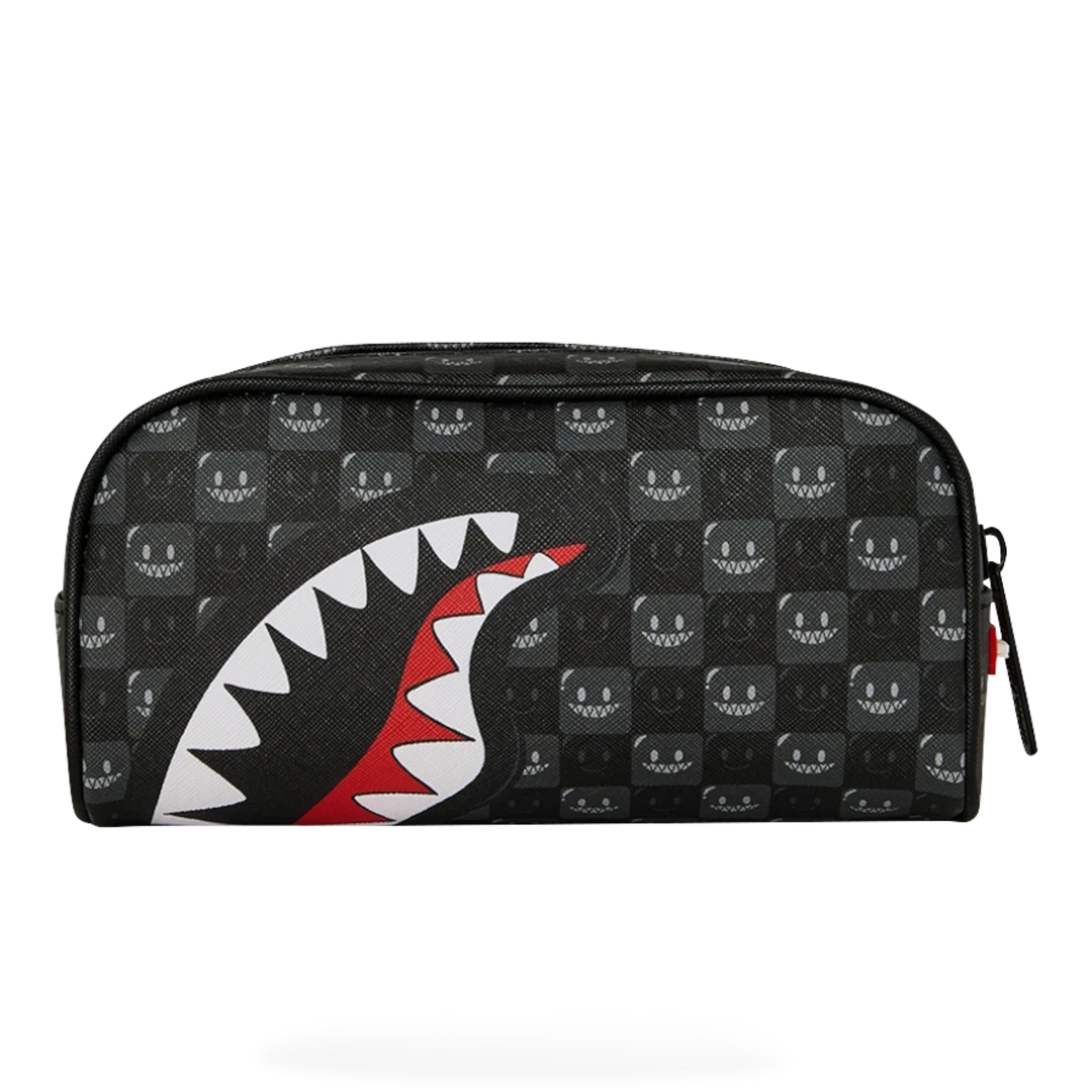 HypeSelection Sprayground Sharks In Paris pencil pouch in black check print with iconic shark mouth graphic