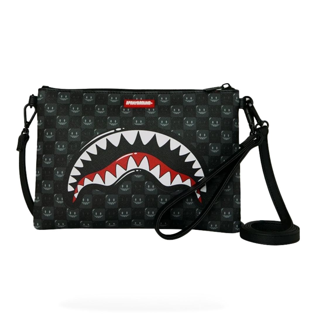 HypeSelection Sprayground Sharks In Paris black check pouchette with signature shark mouth graphic and wrist strap