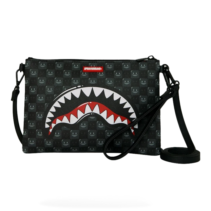 HypeSelection Sprayground Sharks In Paris black check pouchette with signature shark mouth graphic and wrist strap